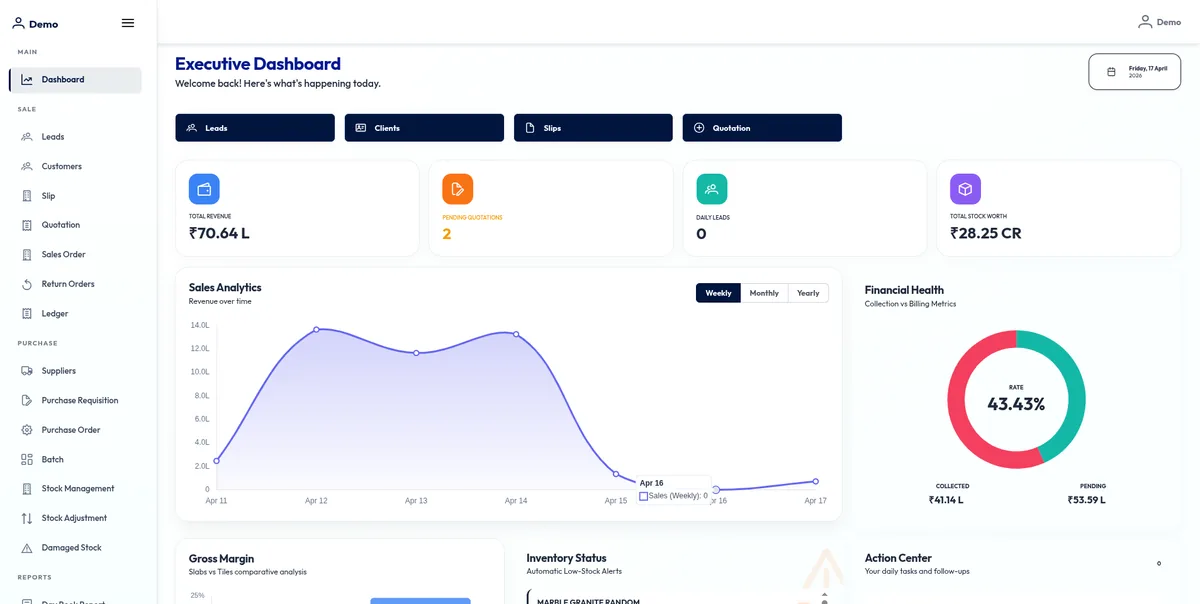 Dosar Stonex ERP executive dashboard with revenue, stock worth, collection and low-stock alerts