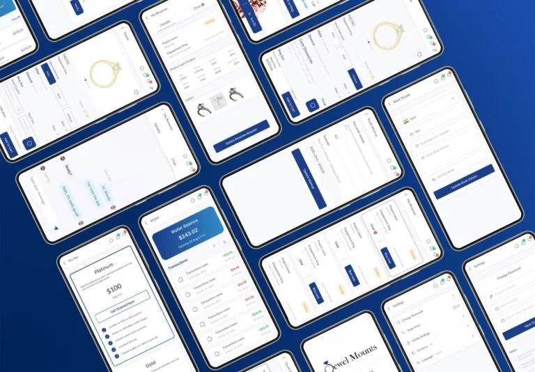 JewelMounts trade app screens for ordering, bespoke and order tracking