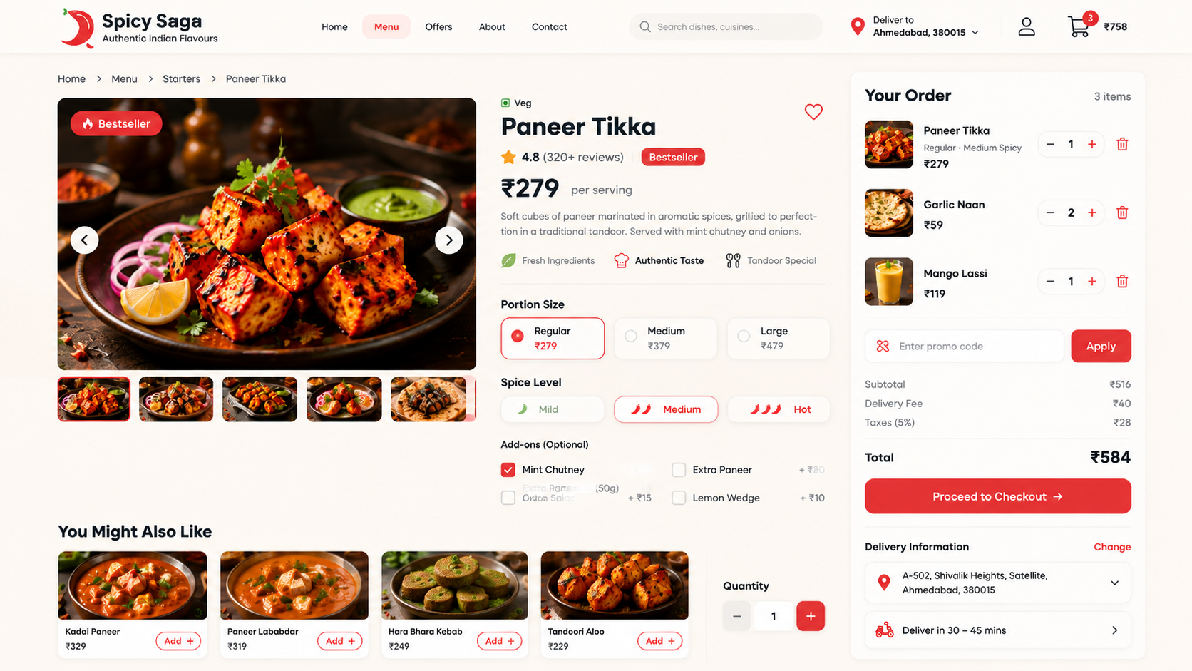 Spicy Saga menu item page with portion size, spice level, add-ons and checkout